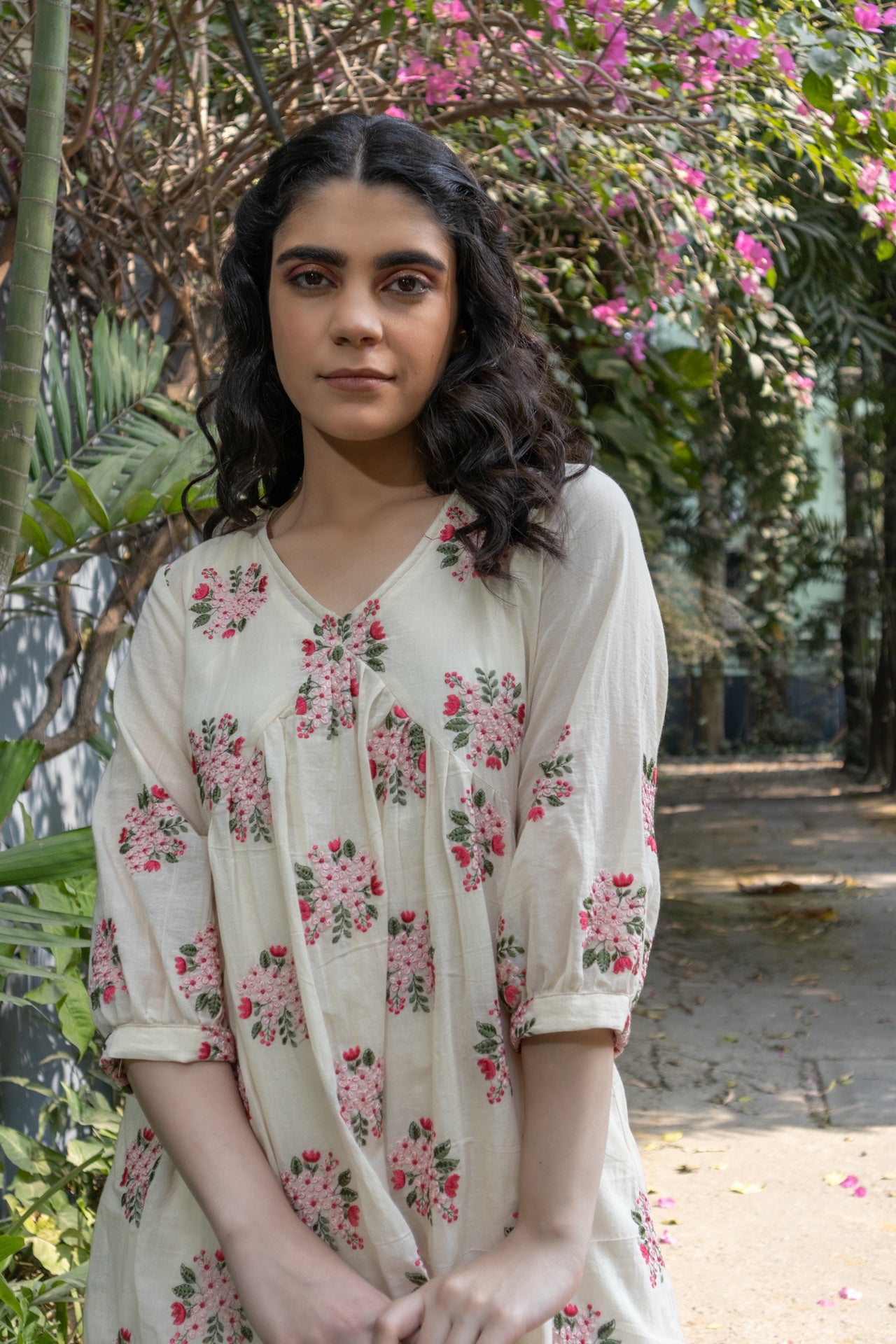 Floral motifs embroidered kurta/ dress in mulmul