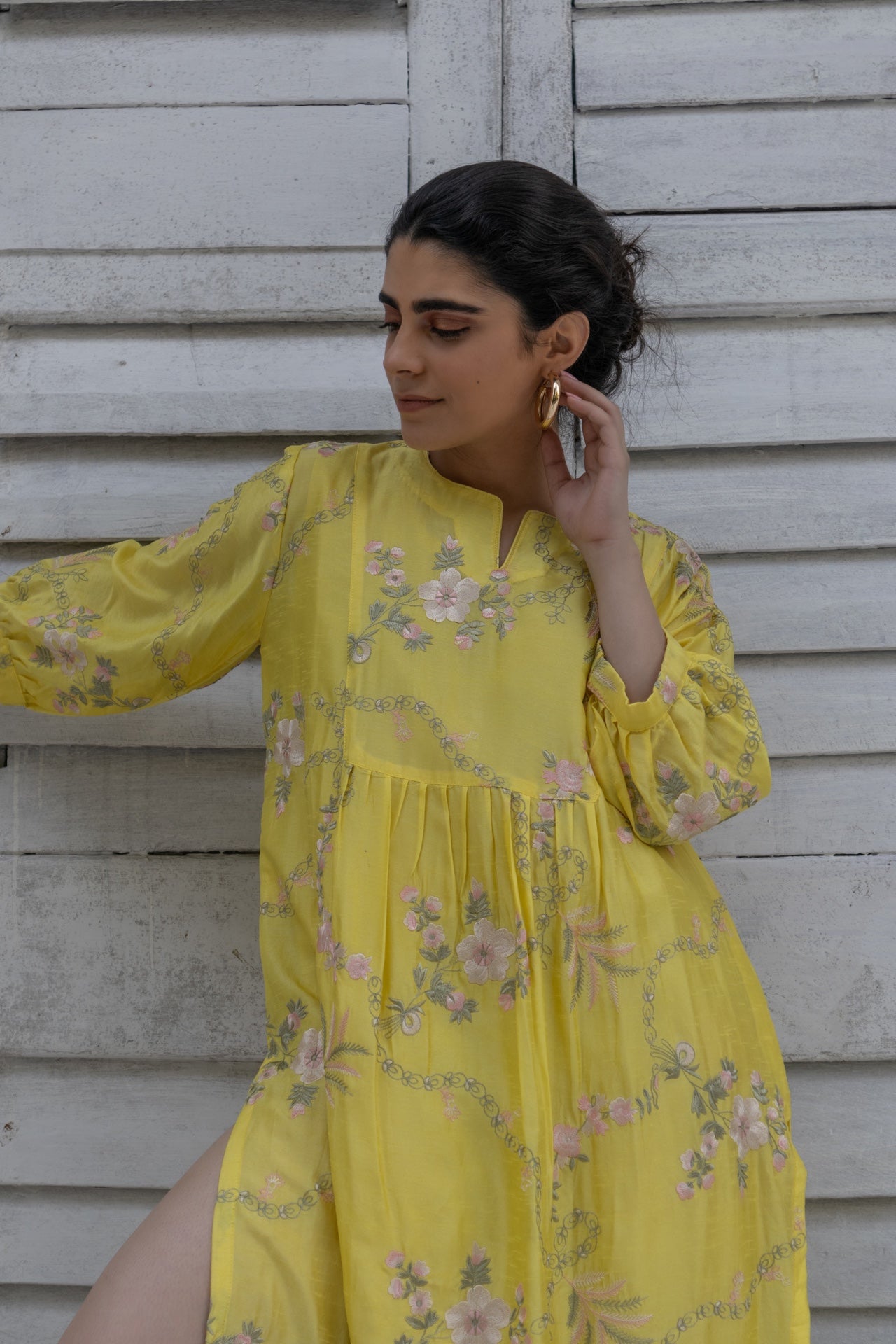 Canary yellow embroidered kurta in silk.