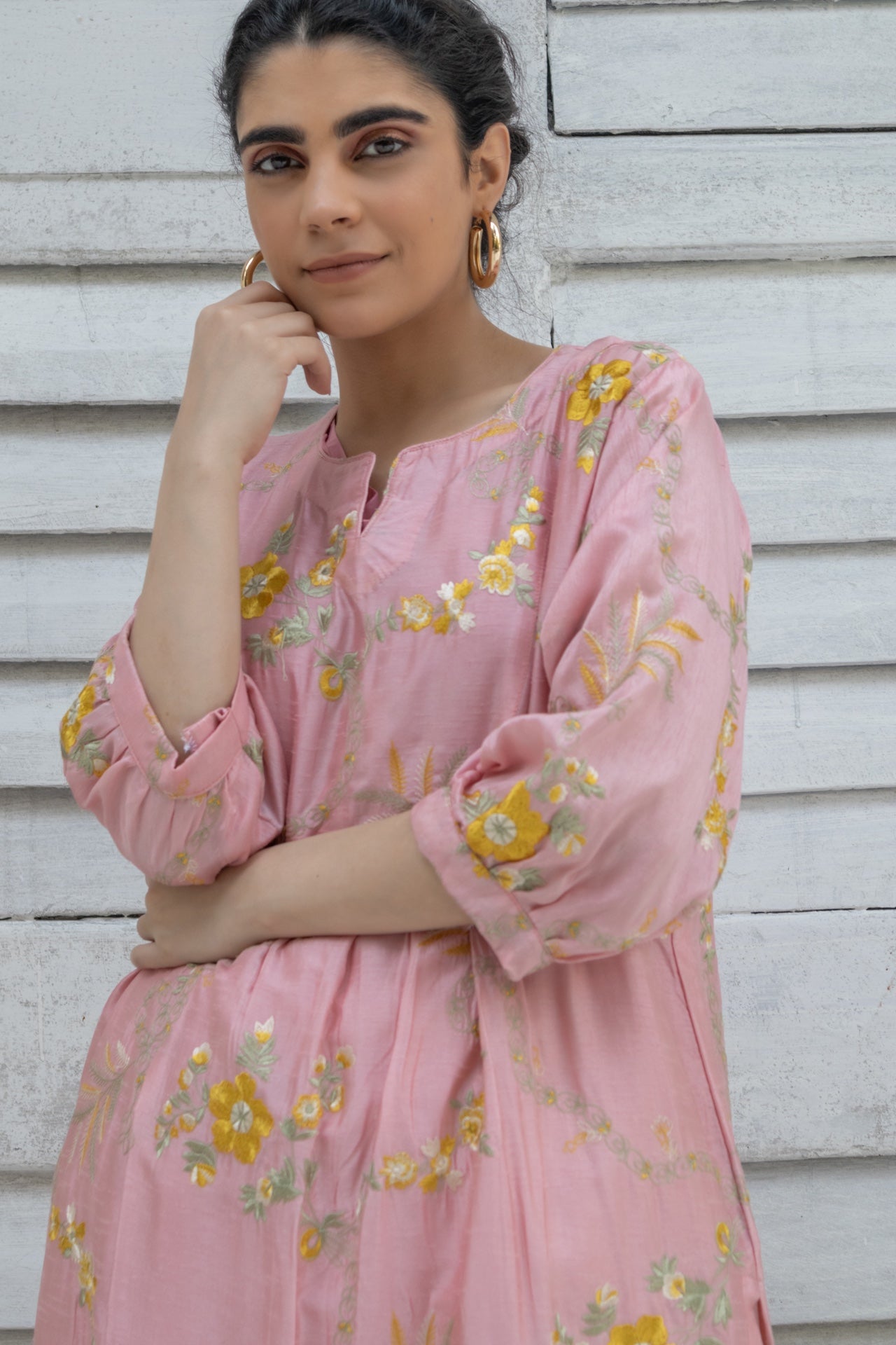 Coral pink embroidered kurta in silk.