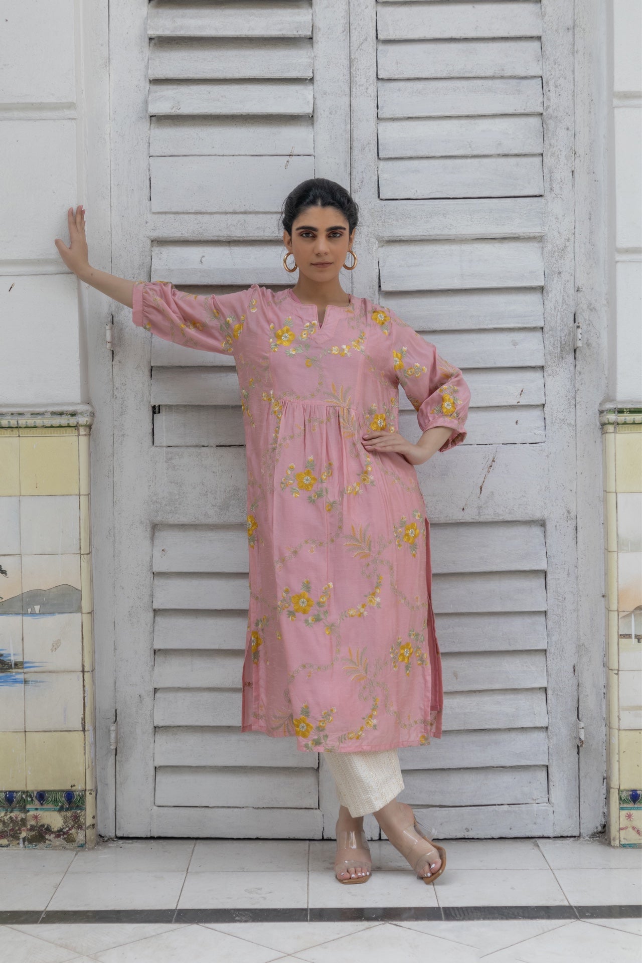 Coral pink embroidered kurta in silk.