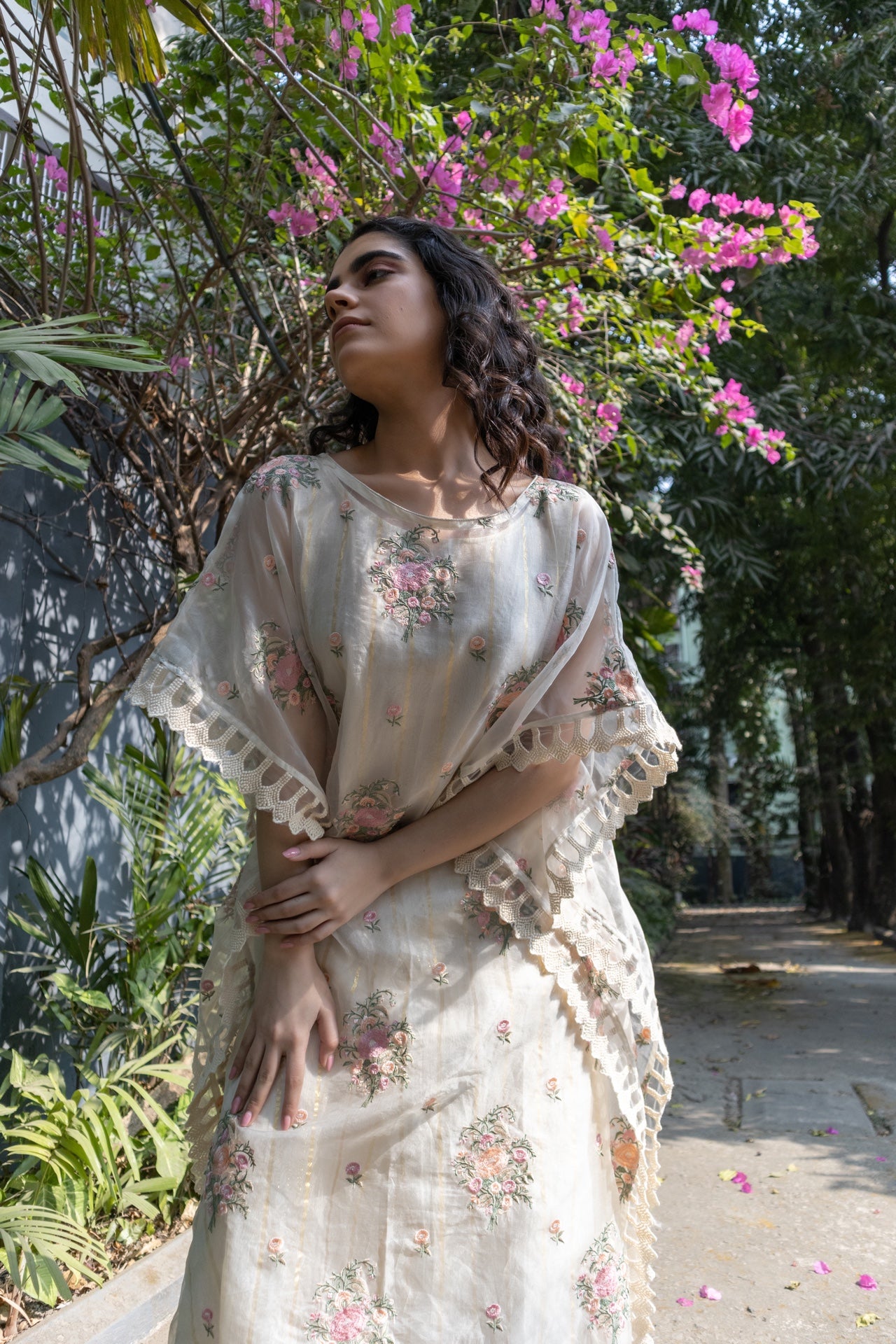 Off white Organza kaftan style tunic with embroidered floral motifs / chanderi gold weave inner and pants