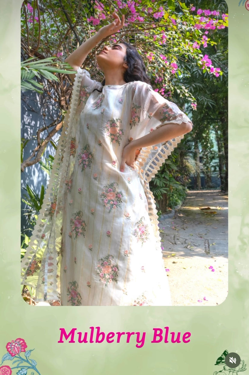 Off white Organza kaftan style tunic with embroidered floral motifs / chanderi gold weave inner and pants