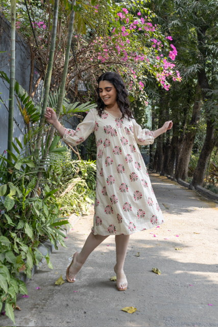 Floral motifs embroidered kurta/ dress in mulmul