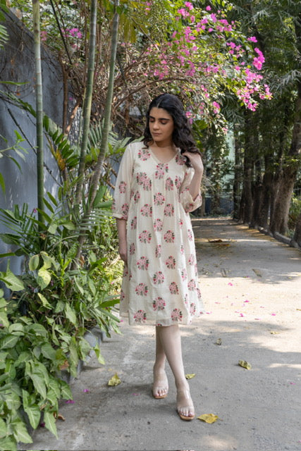 Floral motifs embroidered kurta/ dress in mulmul