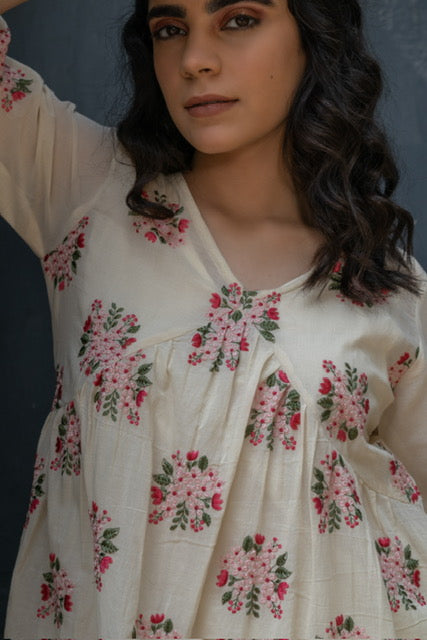 Floral motifs embroidered kurta/ dress in mulmul