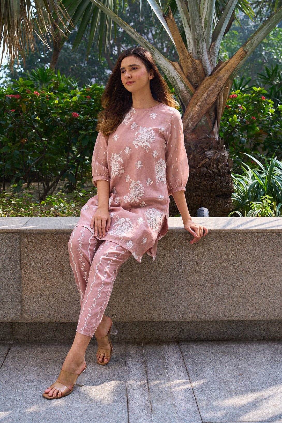 Nude Rose Pink coord set with digital embroidery - JSB design